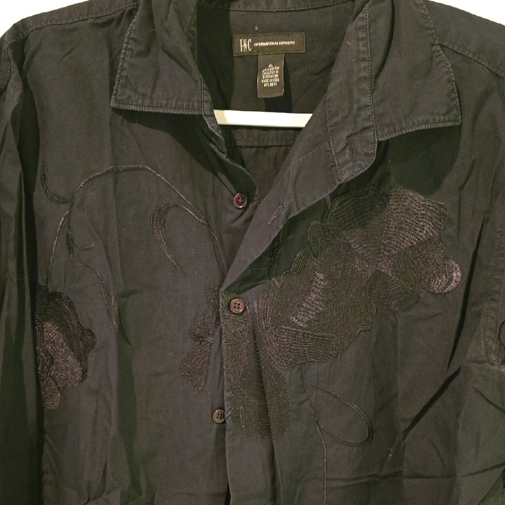 INC International Concepts Black Embroidered Shirt